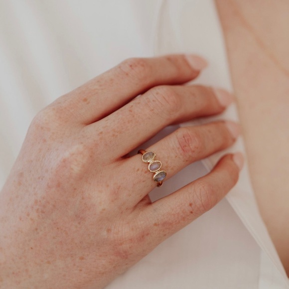 Genuine Natural Labradorite Triple Stone Sterling Silver 14k Gold Ring - Picture 3 of 5